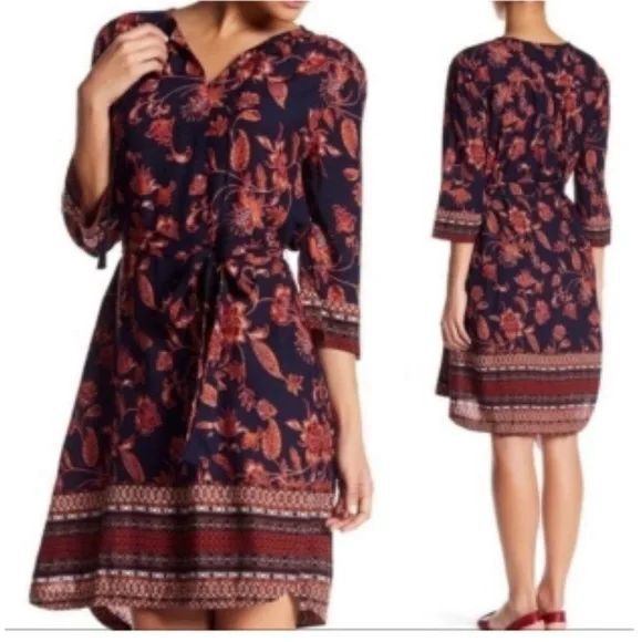 BeachLunchLounge Mini Dress Large‎ Blue Orange Floral Print Size Large Waist Tie - Picture 2 of 9